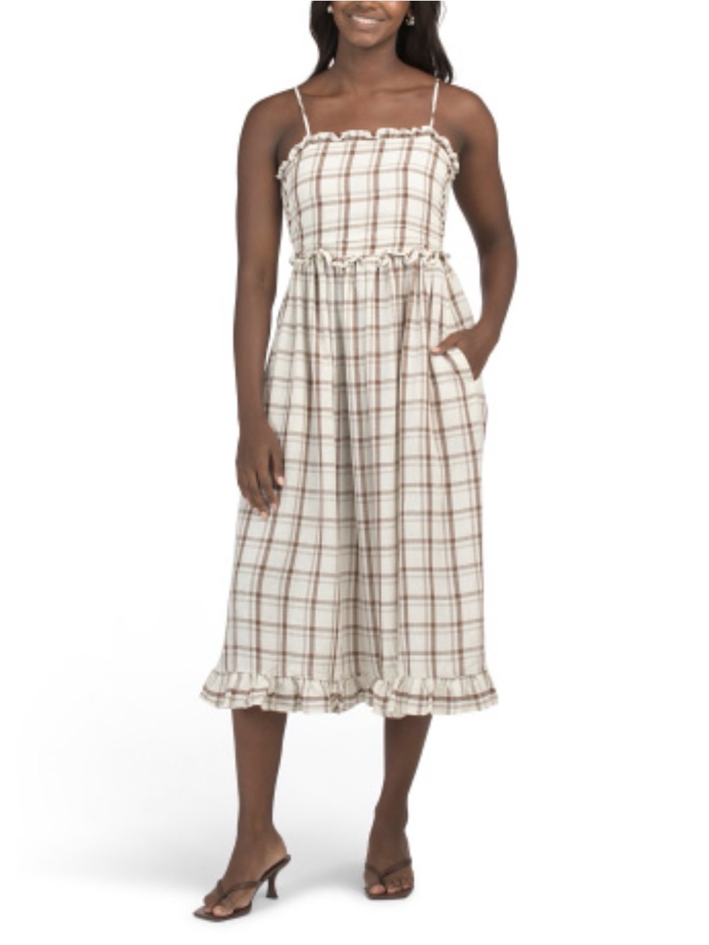 Max Studio Cream Plaid Ruffled Midi Sundress